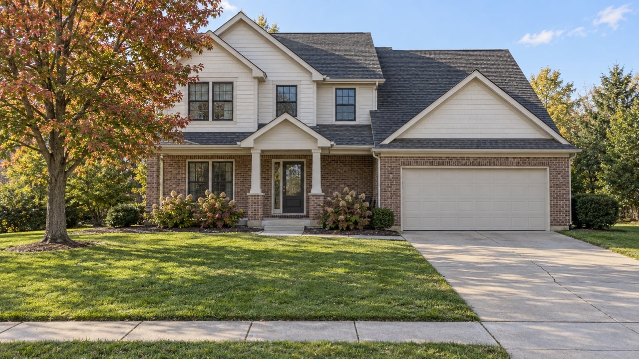 A two-story brick and light-sided home behind a deep green lawn, with a covered entry and broad concrete driveway in afternoon light.