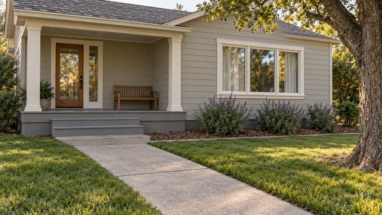 Wood-sided cottage with a covered porch, concrete garden walk, mature live oak and flowering sage.