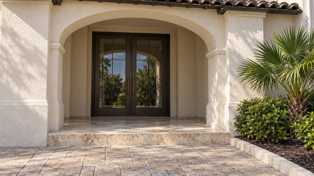 Ivory stucco arch framing paired glazed entry doors above a limestone step, with a compact fan palm and gardenias beside the stone approach.