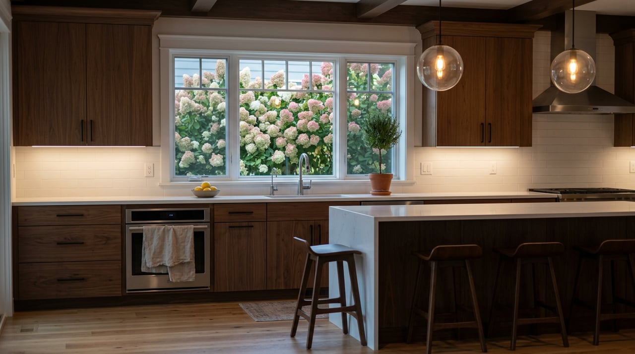 Walnut kitchen with a quartz island, glowing glass pendants, and cream-pink hydrangeas filling the sink window.