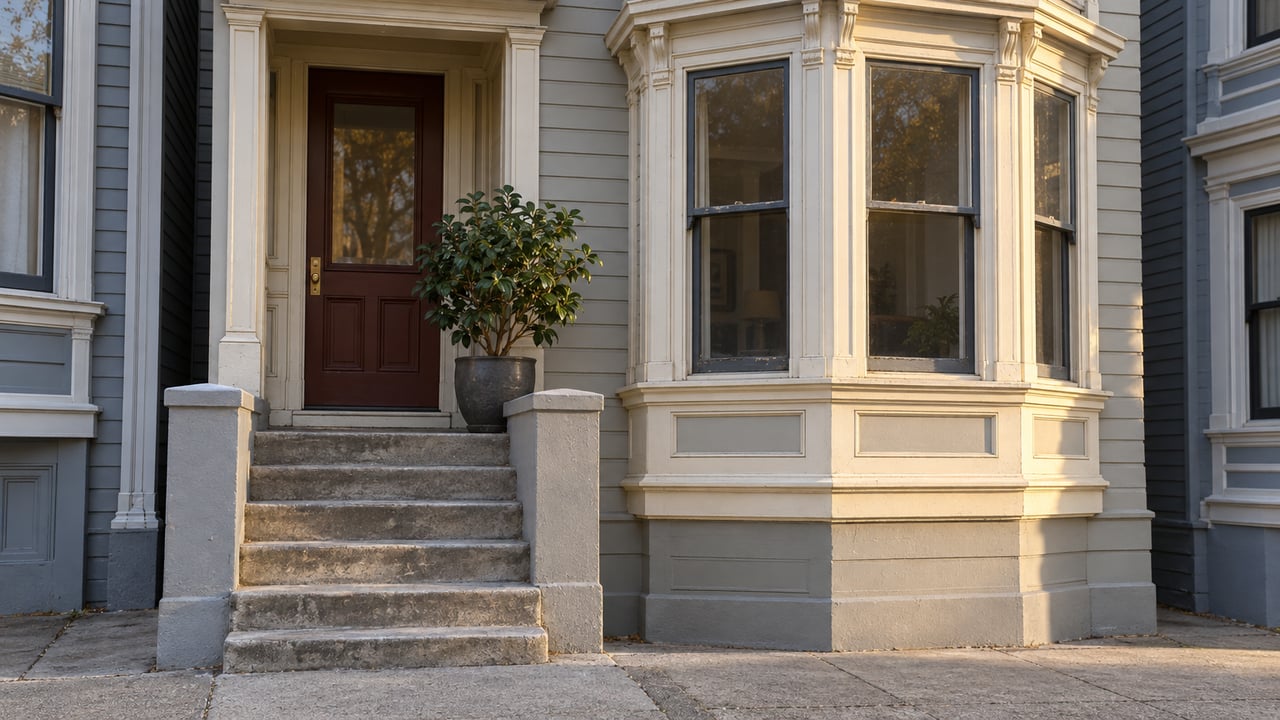 Warm afternoon light on a painted timber home's projecting bay, recessed red door and worn concrete entry steps.