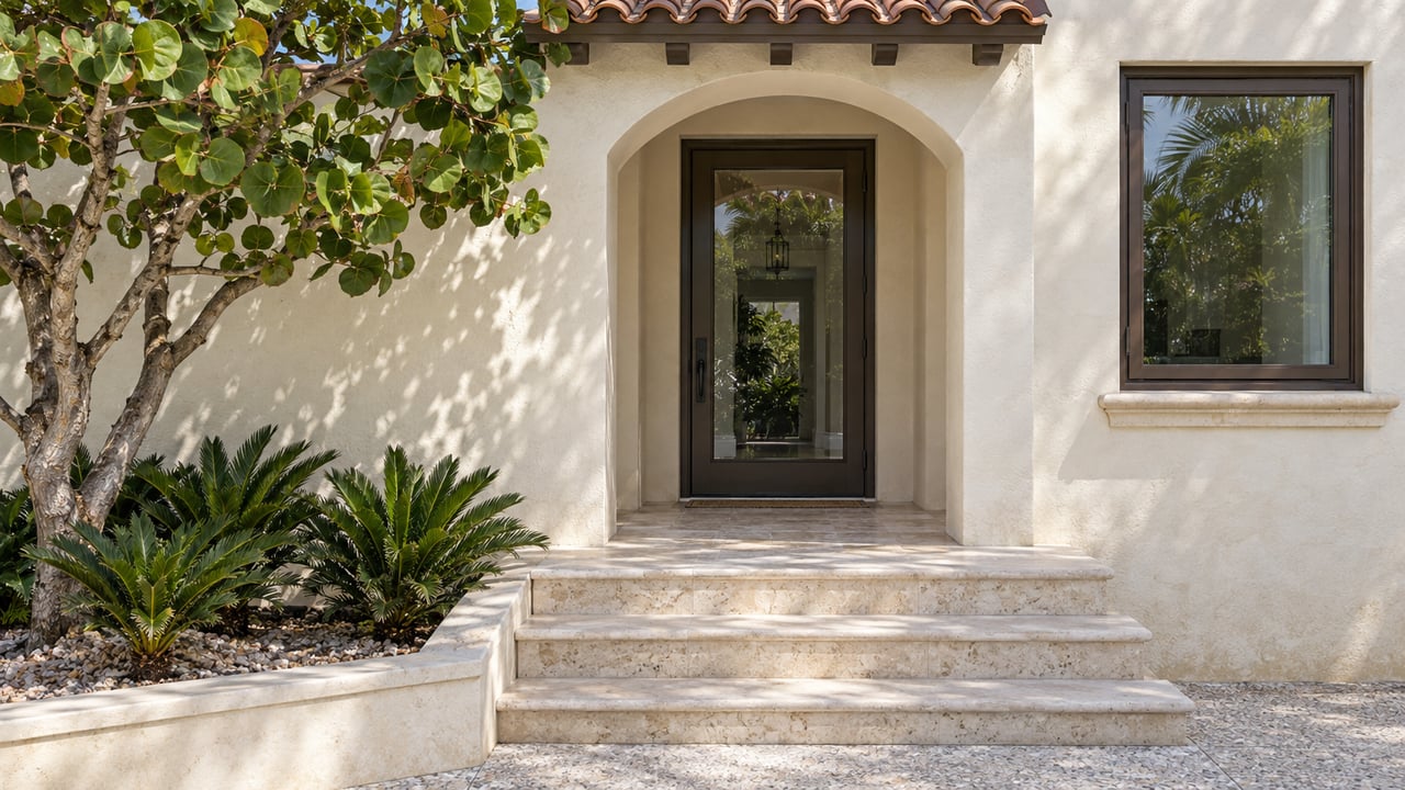 Sunlit stucco home's arched entry with a bronze-framed glass door, pale limestone steps and sea-grape planting.