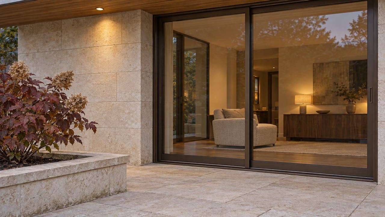 Blue-hour close view of a limestone home's oak soffit and bronze-framed glass doors, with a warm sitting room and autumn oakleaf hydrangea beside the terrace.