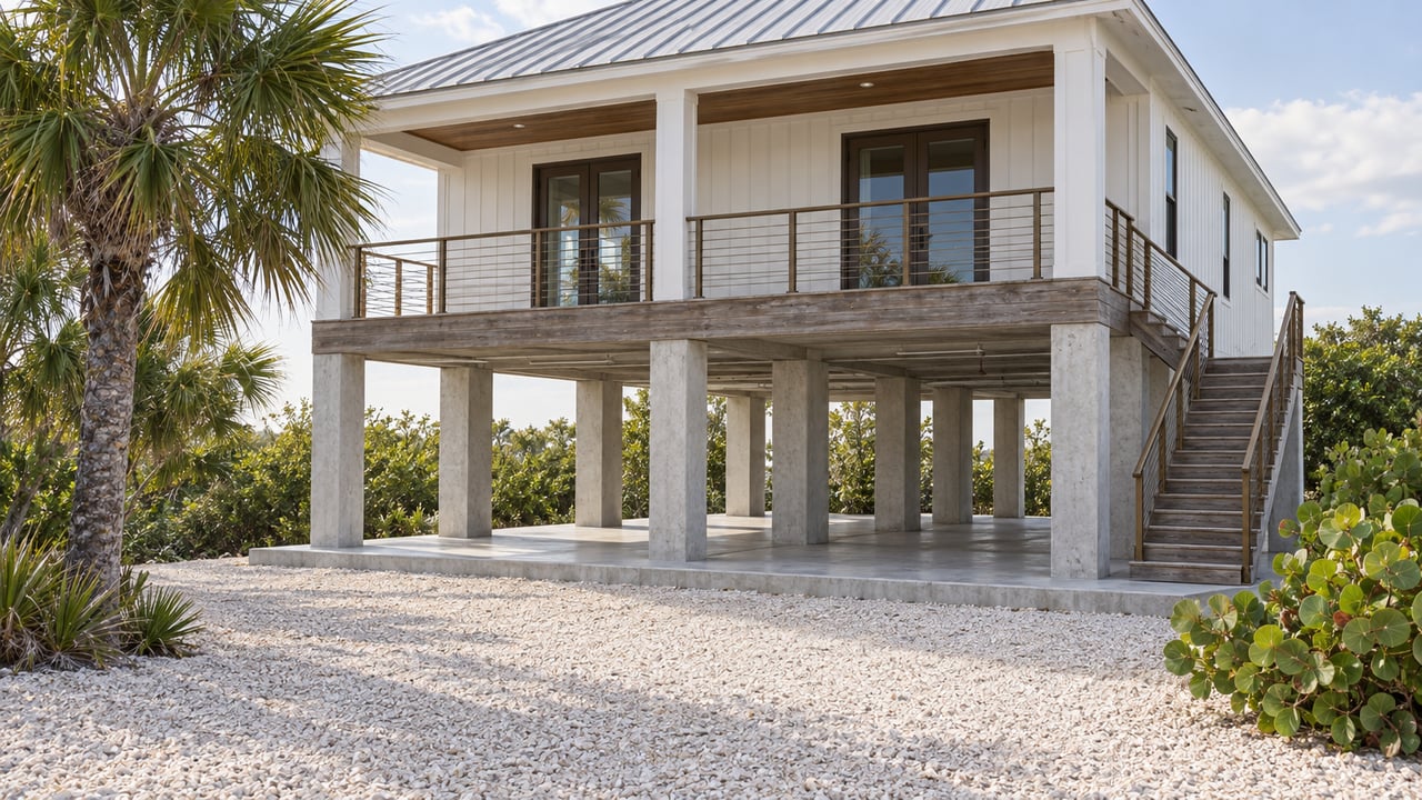 Elevated white waterfront house with a covered porch, concrete piers, shell approach, and palms.