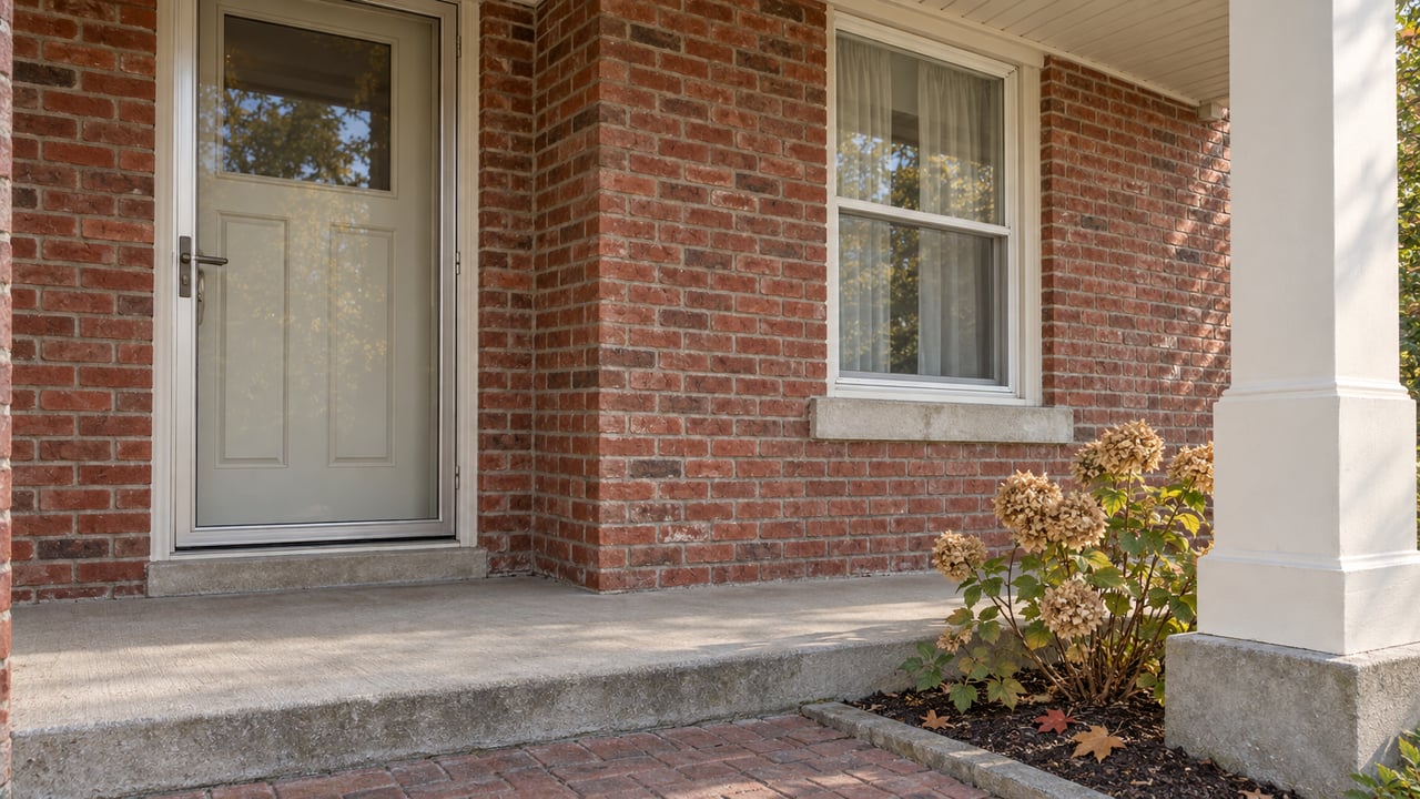 Close view of a red-brick home's covered entry, cream door and sash window above a weathered concrete porch step.