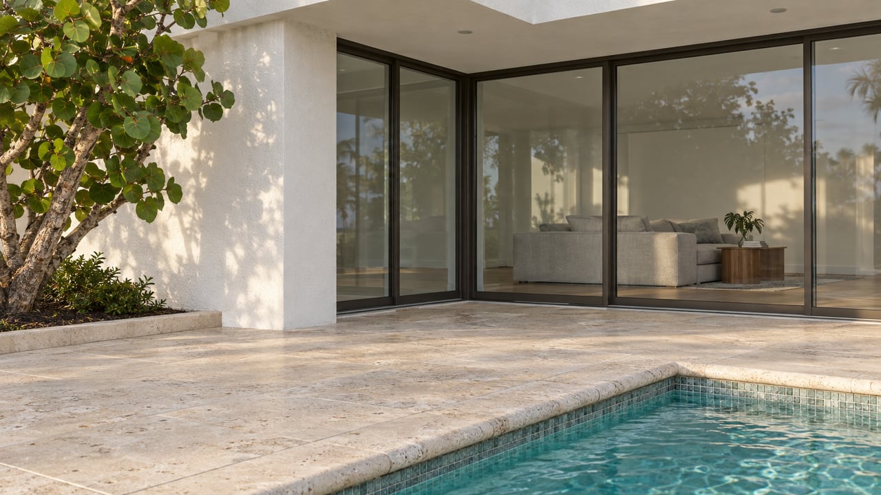 Close view of a white contemporary home's covered limestone terrace, closed bronze-framed glazing and turquoise pool corner.
