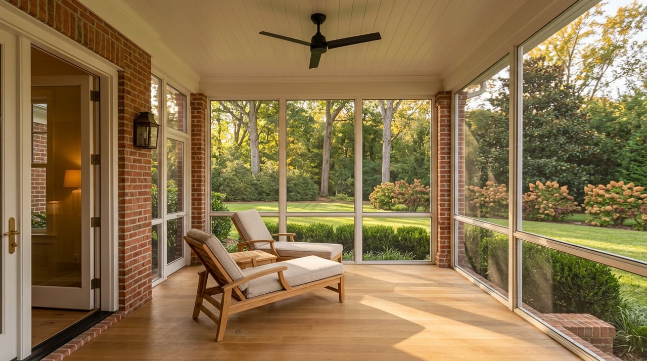 Screened porch with teak chairs and oak table overlooking a lawn bordered by autumn shrubs.