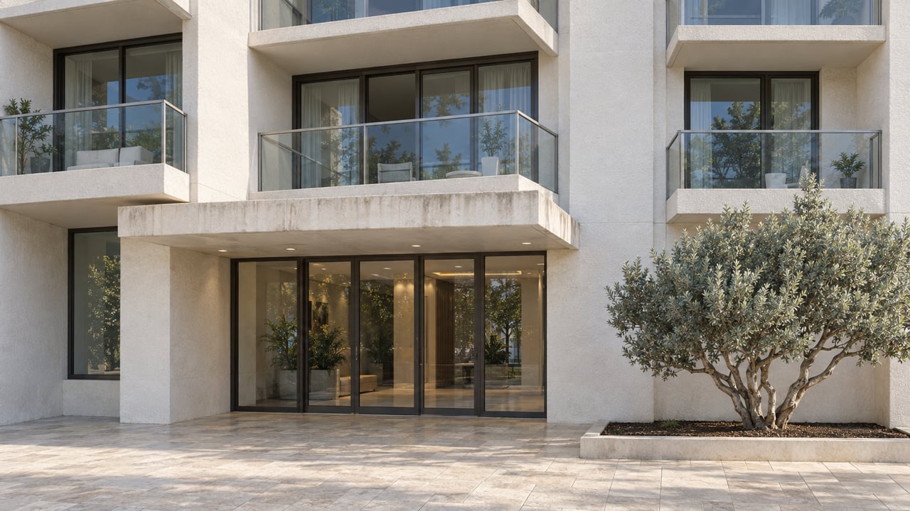 Midrise condominium facade with glass balconies, a recessed lobby, and a silver-leaved tree in a planted entry bed.