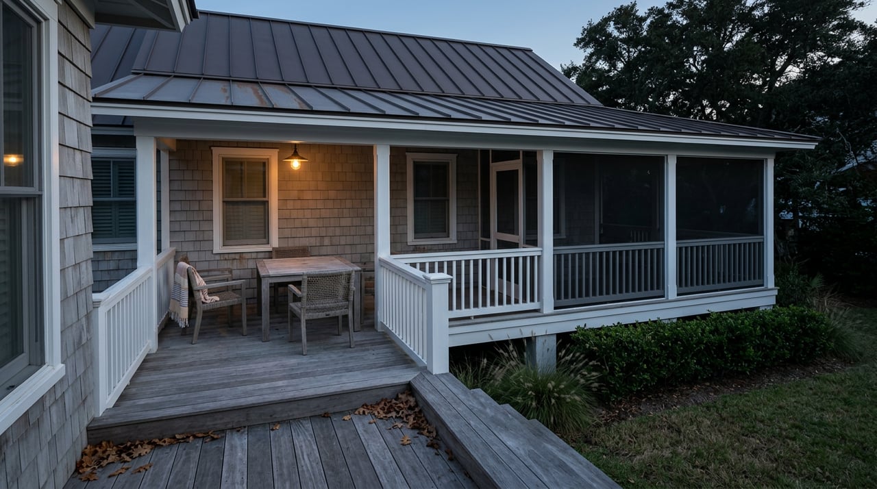 Coastal cottage porch with a warmly lit pendant above a teak dining table and two woven chairs at dusk.