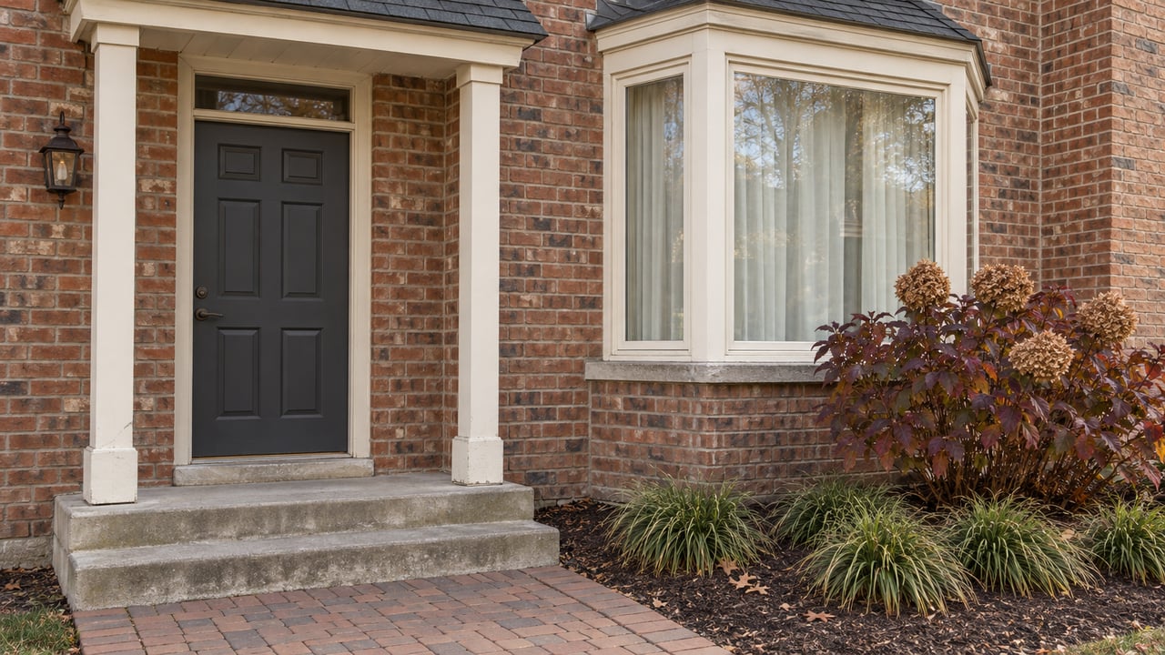 Brick townhome entrance with a charcoal door, ivory-framed projecting window, and burgundy oakleaf hydrangea beside concrete steps.