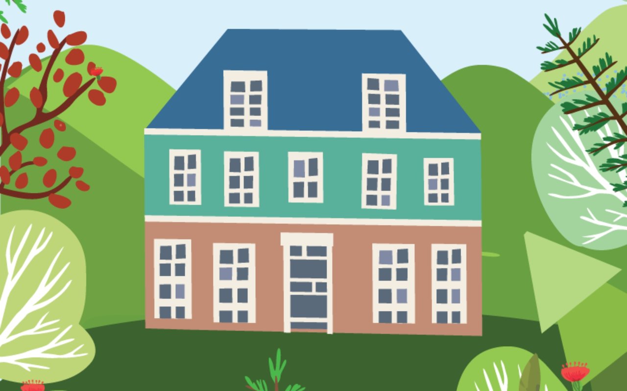 Illustrated multistory house surrounded by spring trees and greenery.