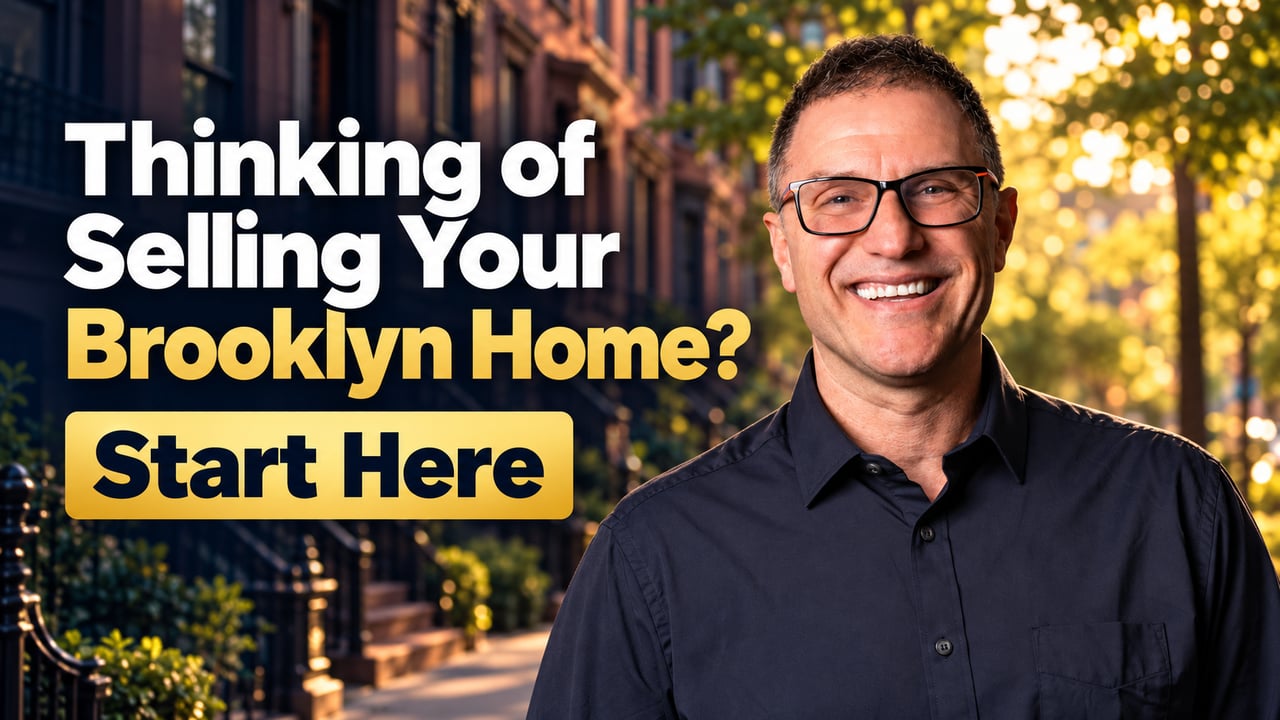 Smiling real estate agent beside text inviting Brooklyn homeowners to start here when selling.