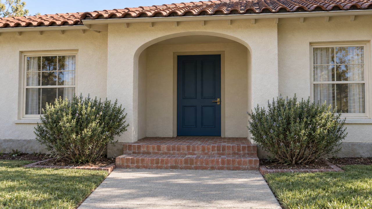 Warm sunlight on a stucco home with a sheltered blue front door, clay tile roof, brick steps and rosemary beside the approach.