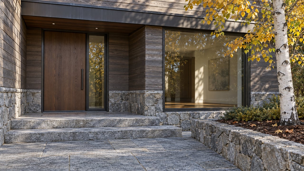 Low-angle view of a contemporary home's granite entry steps, weathered timber siding, substantial stone base and bronze-framed window beside a gold-leaved aspen.