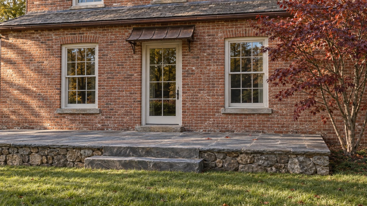 Autumn sunlight on an established brick home's glazed garden entrance, aged copper canopy and raised stone terrace beside a burgundy-leaved dogwood.