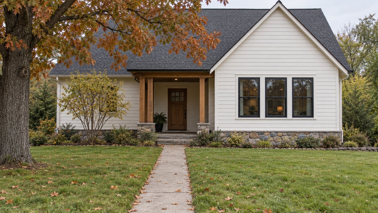 Off-white lap-sided home with charcoal gable, stone foundation, covered entrance, broad lawn, and autumn oak.