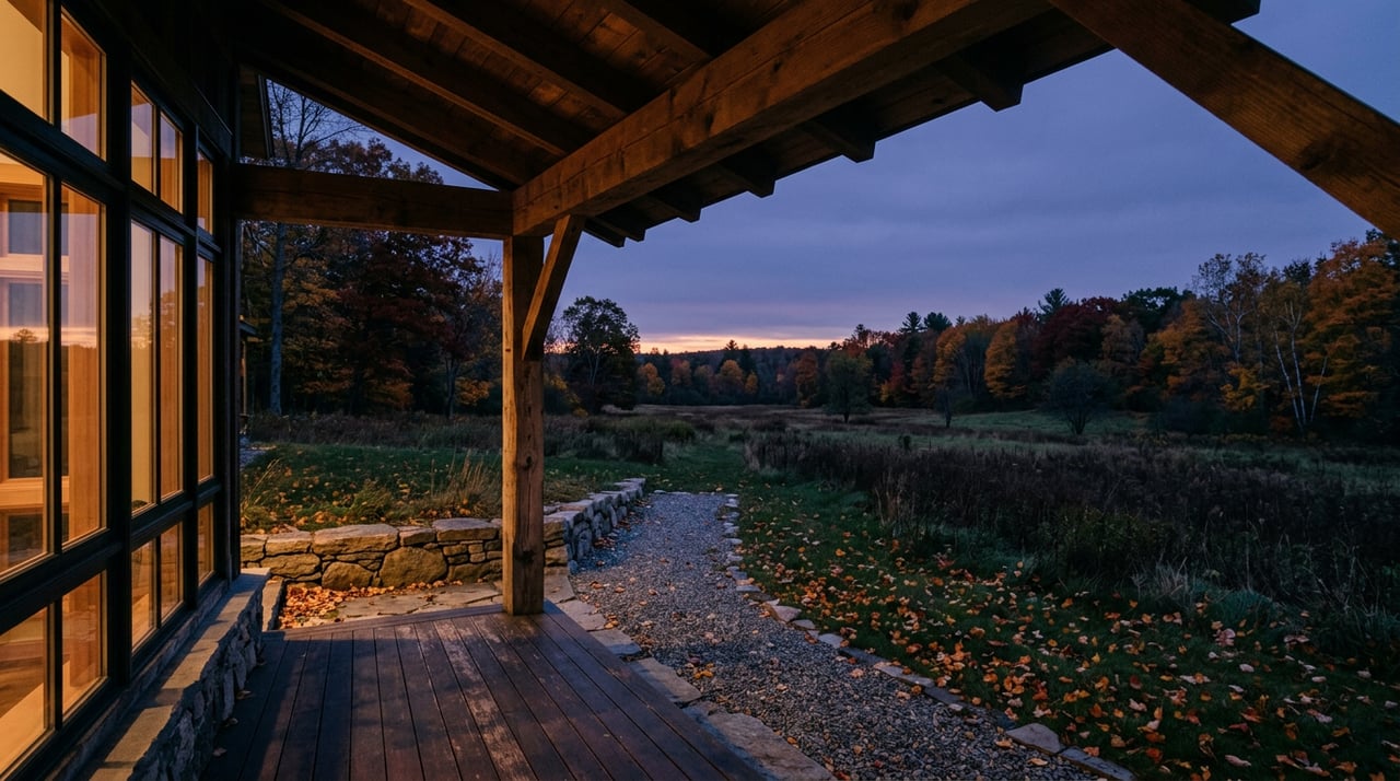 Timber porch at autumn dusk, with a warm glowing window, stone half-wall, and golden aspens.