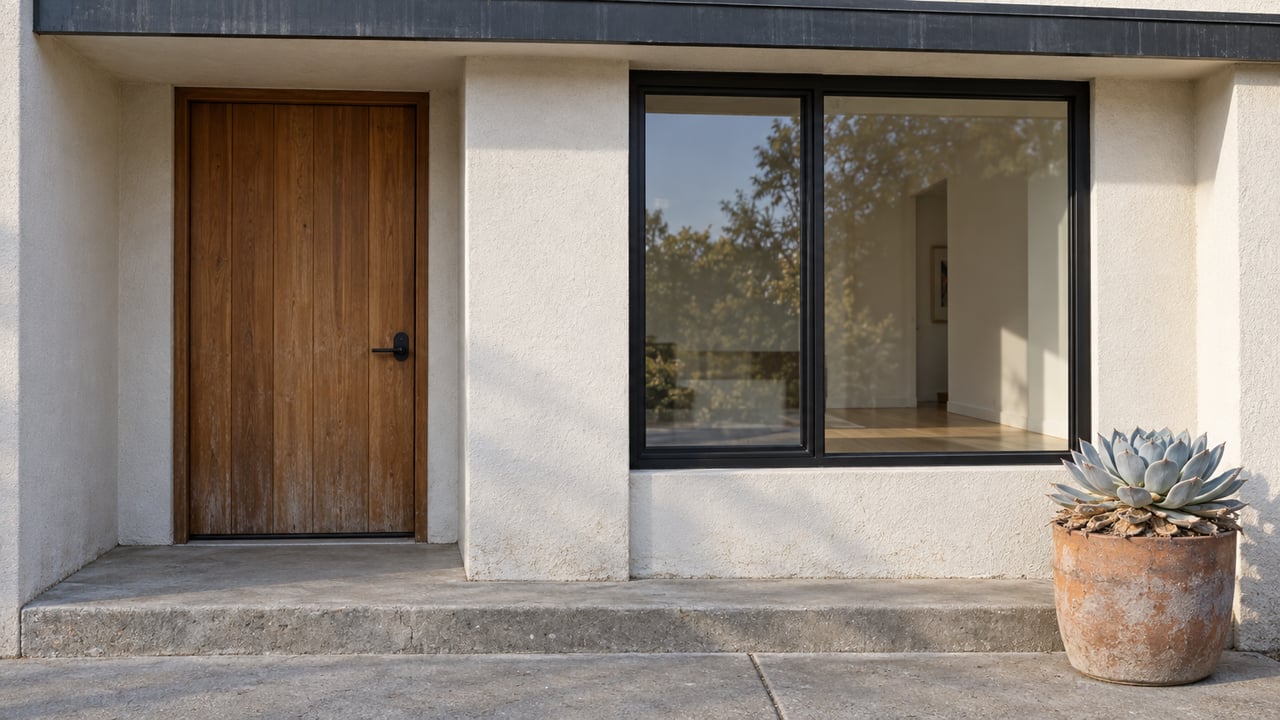 Close exterior view of a cedar entry door and black-framed window in a warm white stucco home, with a concrete step and a potted chalk dudleya.