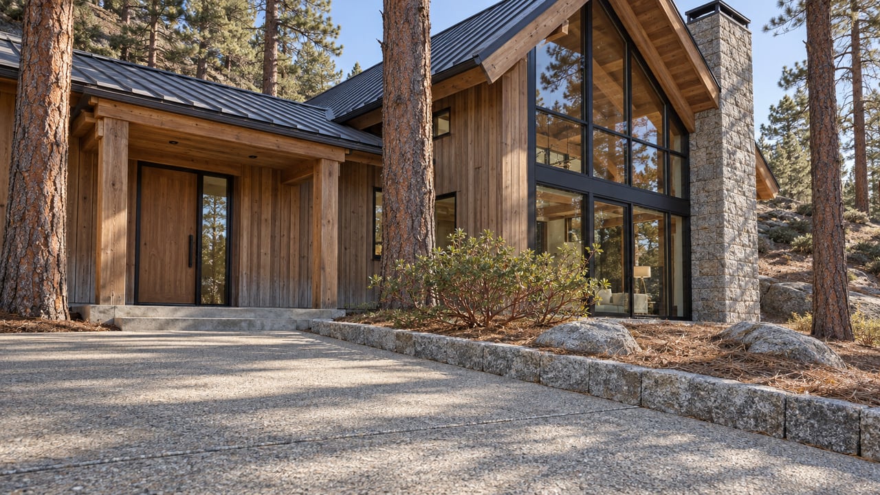 Timber and granite home on a wooded slope, with a broad concrete approach, sheltered entry, and tall dark-framed windows.