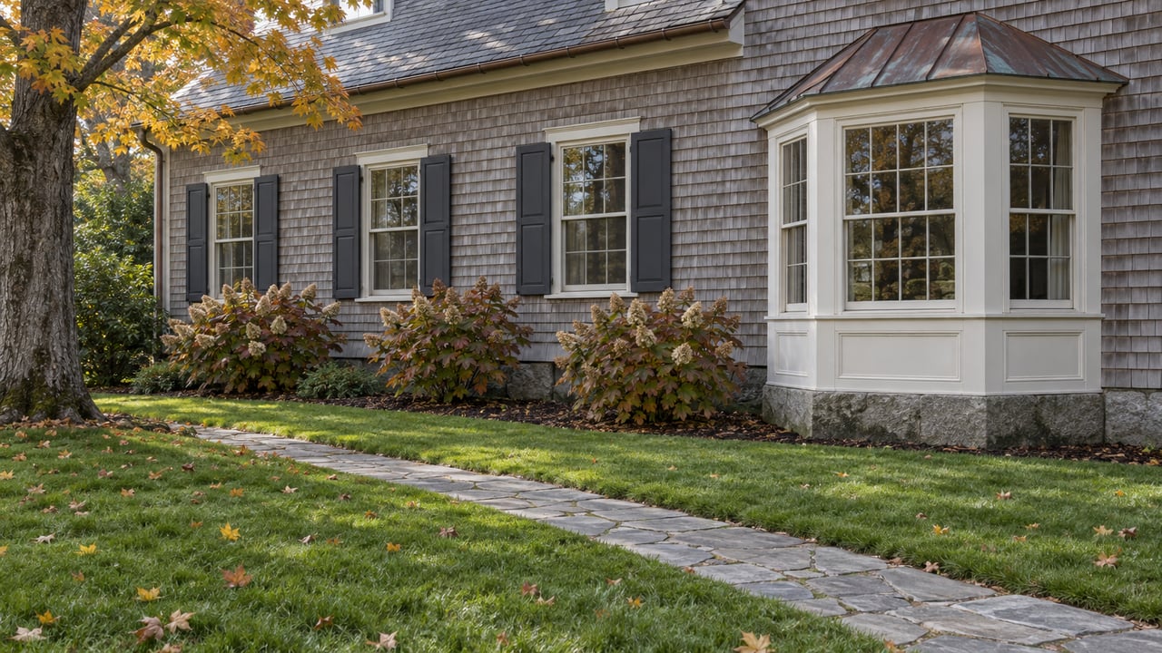 Silver-brown shingle home with divided-light windows, a copper-roofed bay, and a flagstone walk across an autumn lawn.