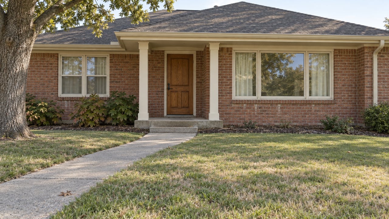 A single-story warm brick home with a covered wood entry, a broad lawn and a mature oak beside a curved concrete walk.