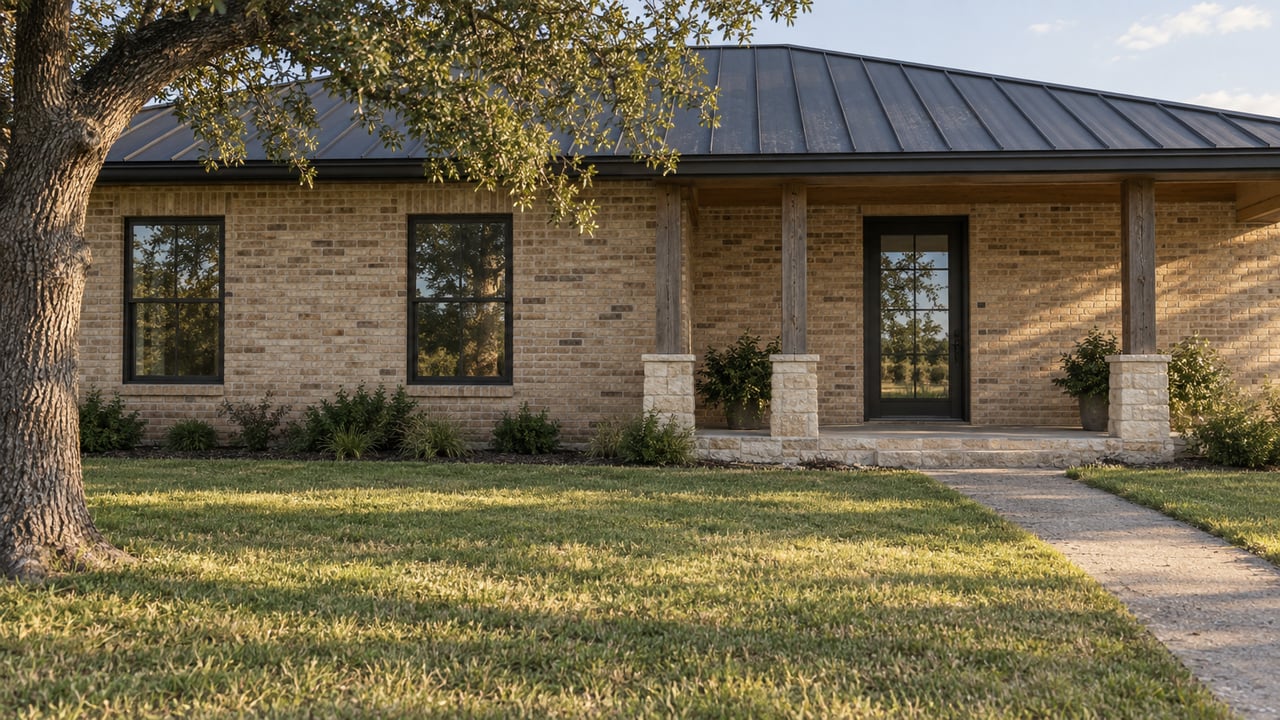 Buff-brick rural home with a covered porch, charcoal roof, broad lawn, and an oak at the left edge.