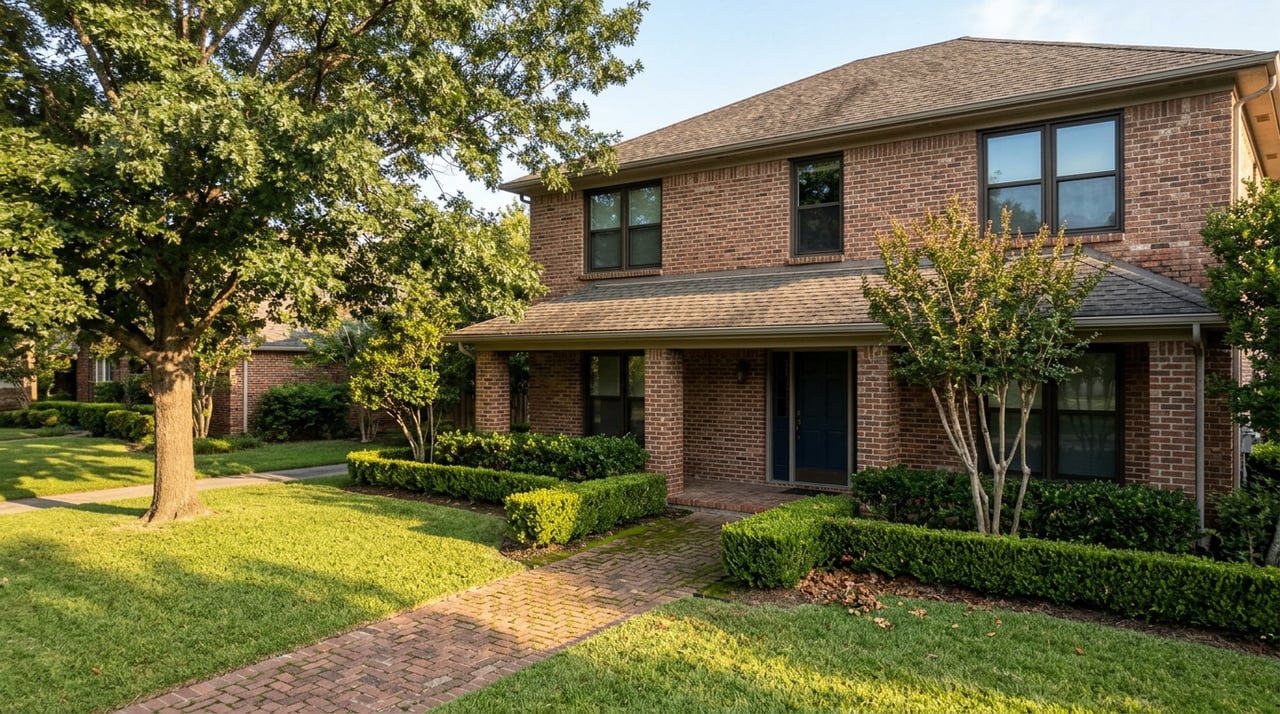 Two-story brick house with a navy front door, boxwood-lined walkway, and mature oak shading the lawn.