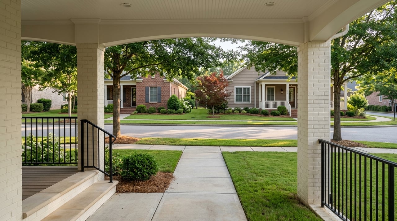 Suburban street seen from a porch, with sidewalks and mature trees.