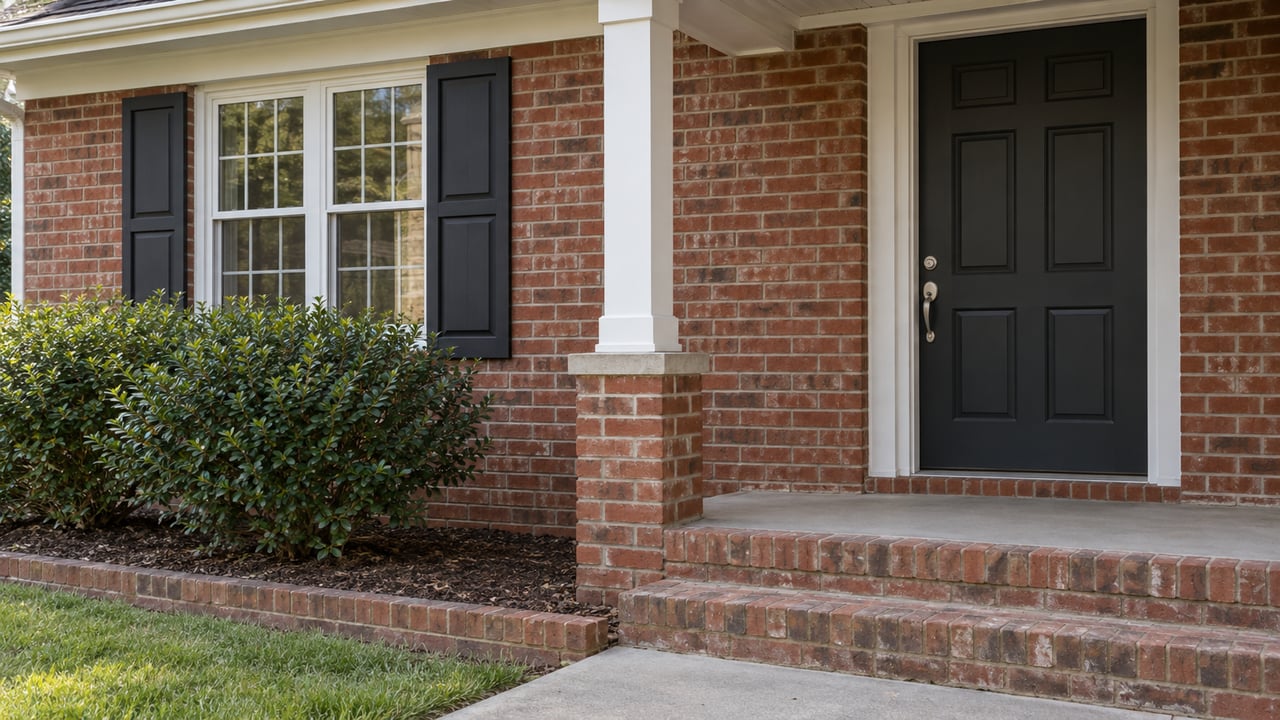 Brick house entry with a dark door, white-trimmed window, worn brick steps, and a shrub in a narrow bed.
