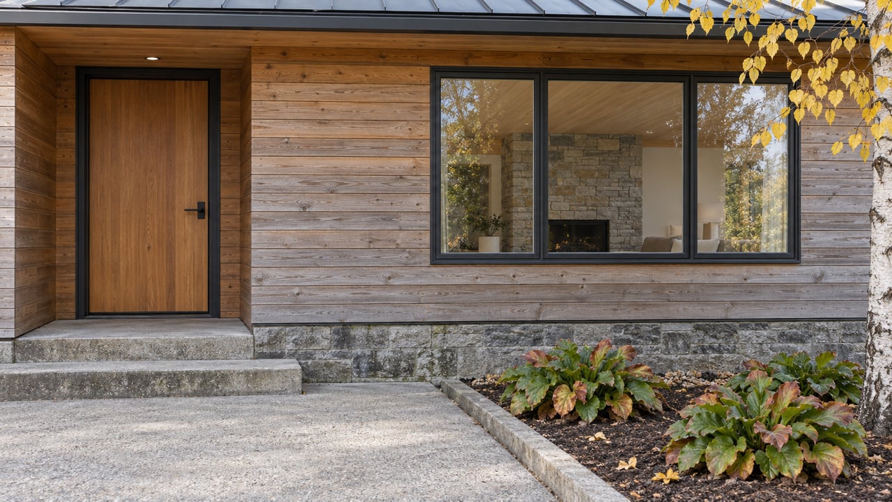 Cedar-clad home entry beside a broad dark-framed window, with worn concrete steps, a stone foundation and yellow birch leaves.
