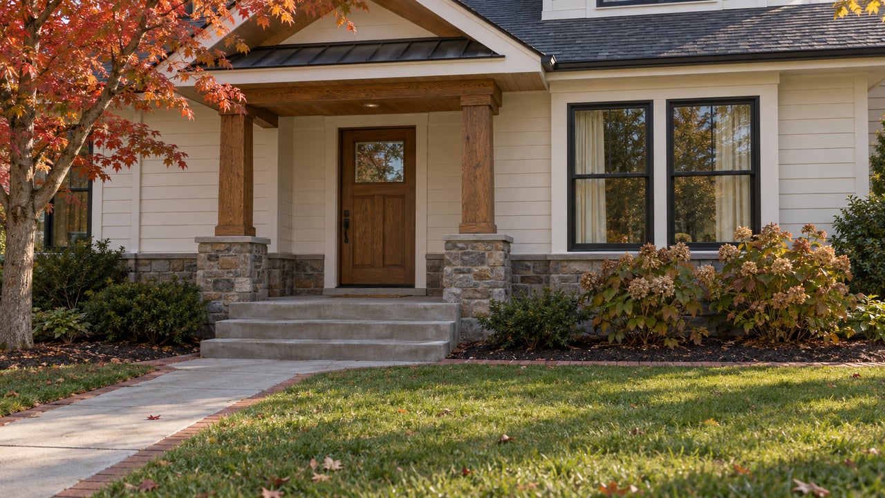 Warm-white home with a timber porch, stone foundation, autumn maple and a broad front lawn.