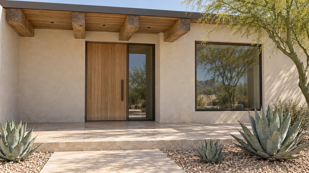Low-angle view of a cream-plaster home entry with a timber canopy, oak door, limestone steps and sculptural desert planting.
