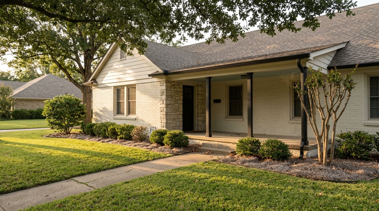 Painted-brick ranch house beneath a mature oak, with a limestone entry, covered porch, and broad lawn.
