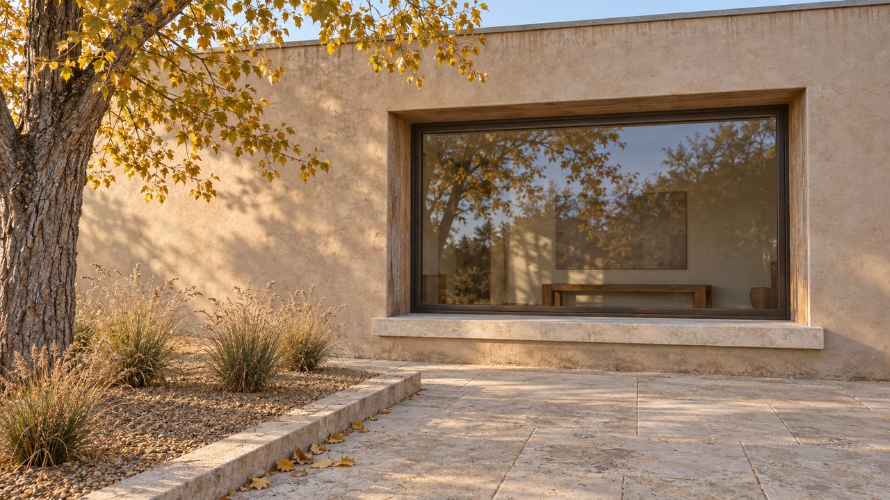 Sunlight on a pale stucco home’s recessed window, limestone terrace and golden cottonwood beside a gravel garden.