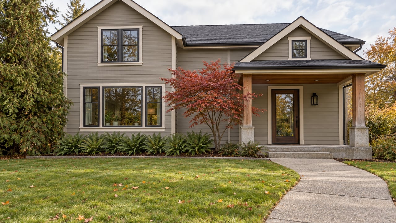 Gabled home with warm-gray timber siding, a recessed cedar porch, a broad autumn lawn and a copper-leaved Japanese maple.