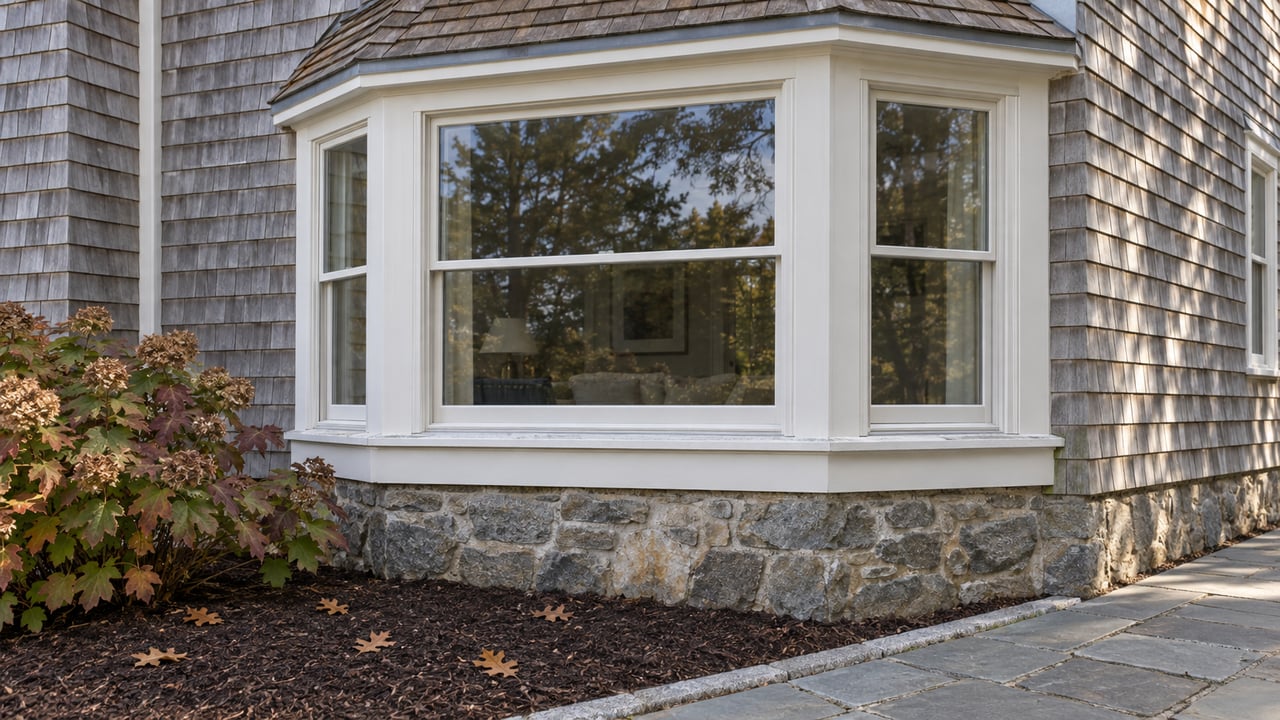 Weathered cedar shingles and a white-trimmed bay window above a fieldstone foundation, beside autumn oakleaf hydrangea and bluestone paving.