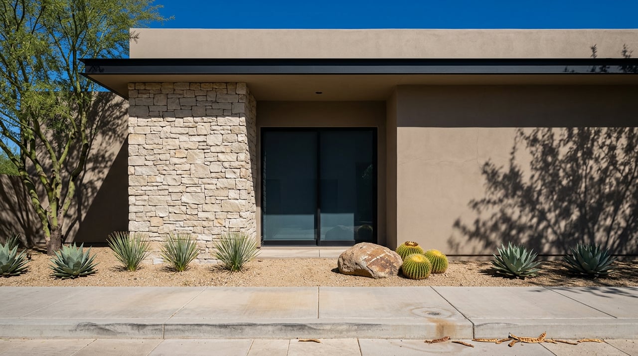 Desert-contemporary home with a limestone pier, recessed glass wall, agave, and cacti in a sunlit entry courtyard.