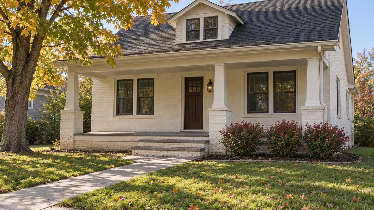 Cream brick bungalow behind a deep front lawn, with an amber-leaved maple, dark windows and a sheltered front porch.