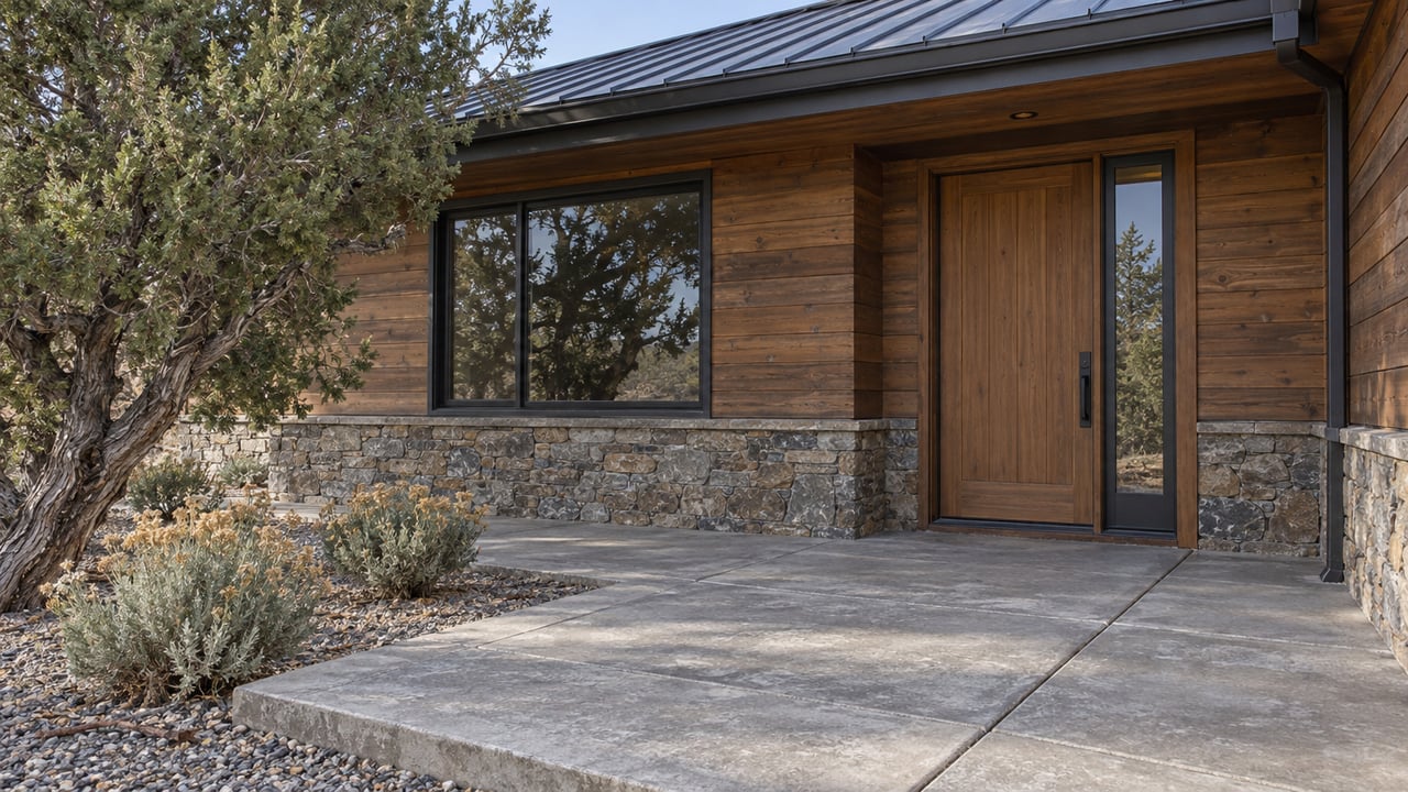 Wood-sided home entry with a stone base, charcoal metal roof and concrete terrace beside a sculptural juniper and silver-leaved shrubs.