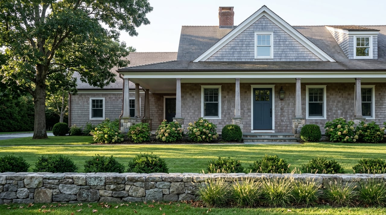 Shingle-style estate with a slate-blue front door, stone porch columns, and a long lawn beneath a mature oak.