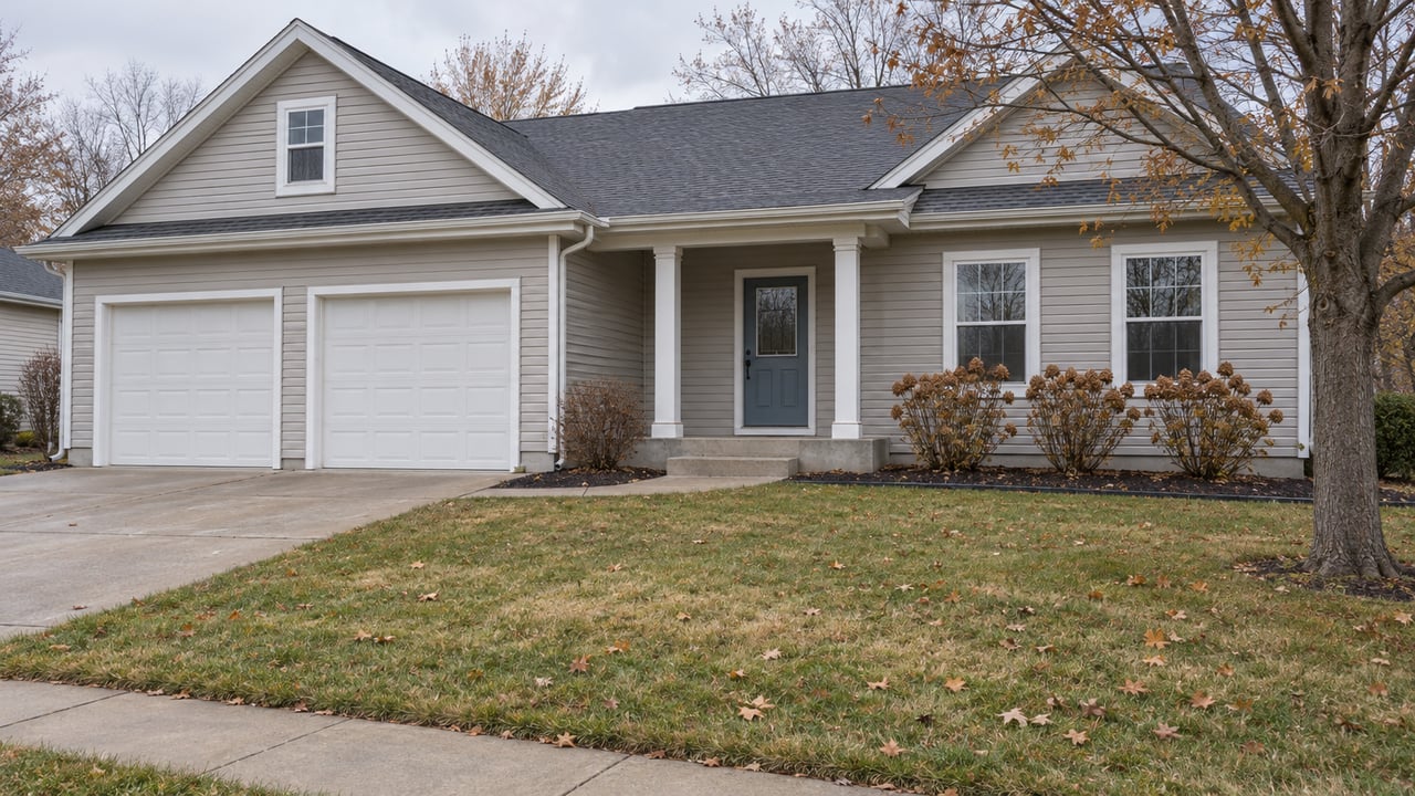 A light-gray gabled house with a recessed blue front door, two-car garage and late-autumn lawn beneath a mostly bare maple.