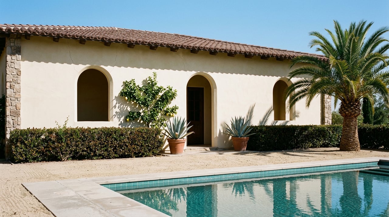 Rectangular turquoise pool before a cream stucco estate with arched openings, clay tile roof, and a palm tree.
