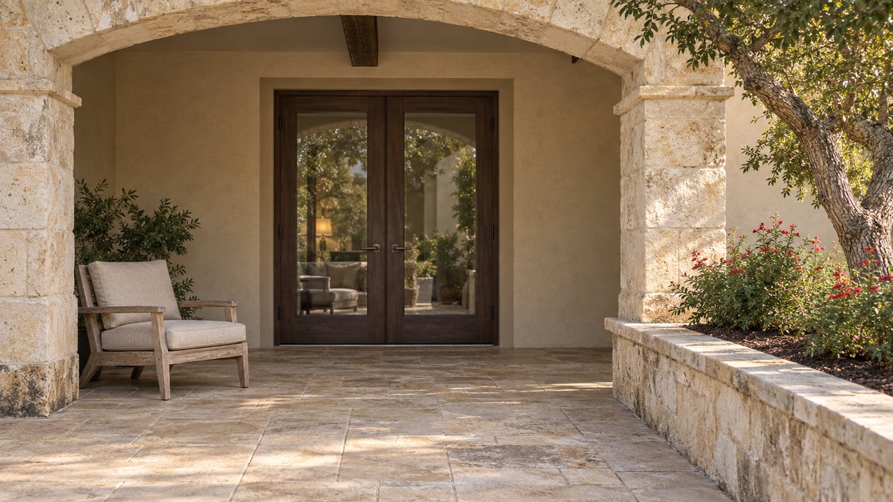 Covered limestone terrace with paired oak-and-glass doors, a teak lounge chair and a mature live oak beside a raised stone planting bed.