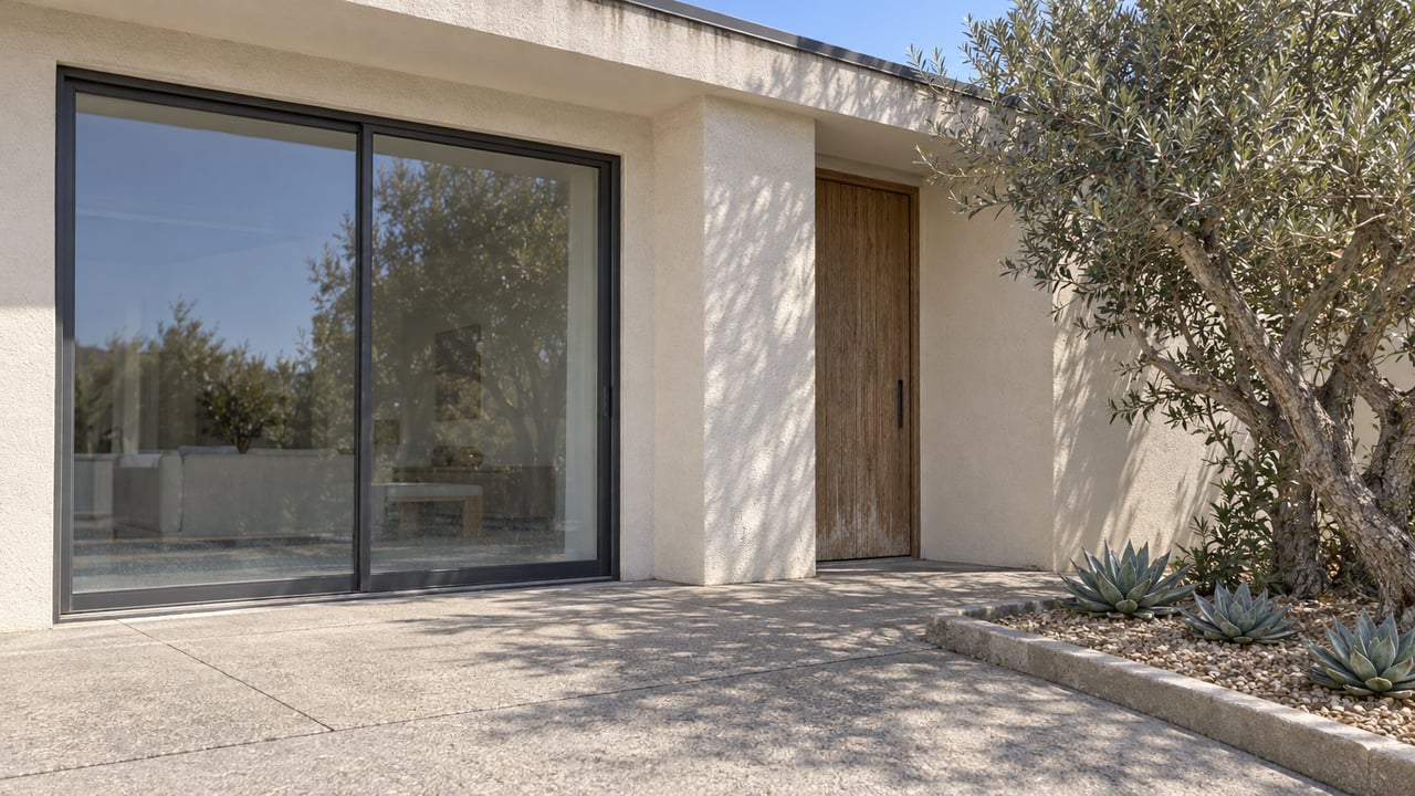 Sunlit cream-stucco home entry with closed sliding glass doors, a recessed oak door and a silver-leaved olive tree beside a concrete terrace.