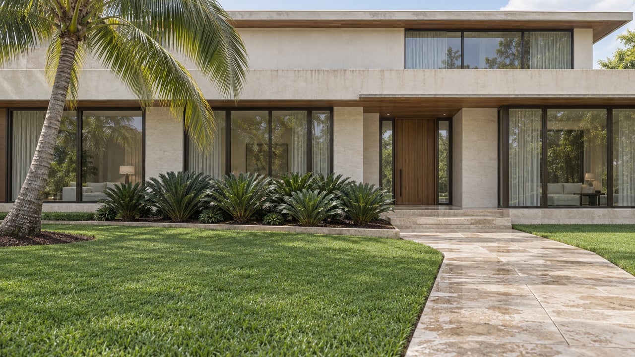 Pale stucco luxury home with teak soffits, dark-framed glazing and a limestone entrance approach through a tropical front garden.