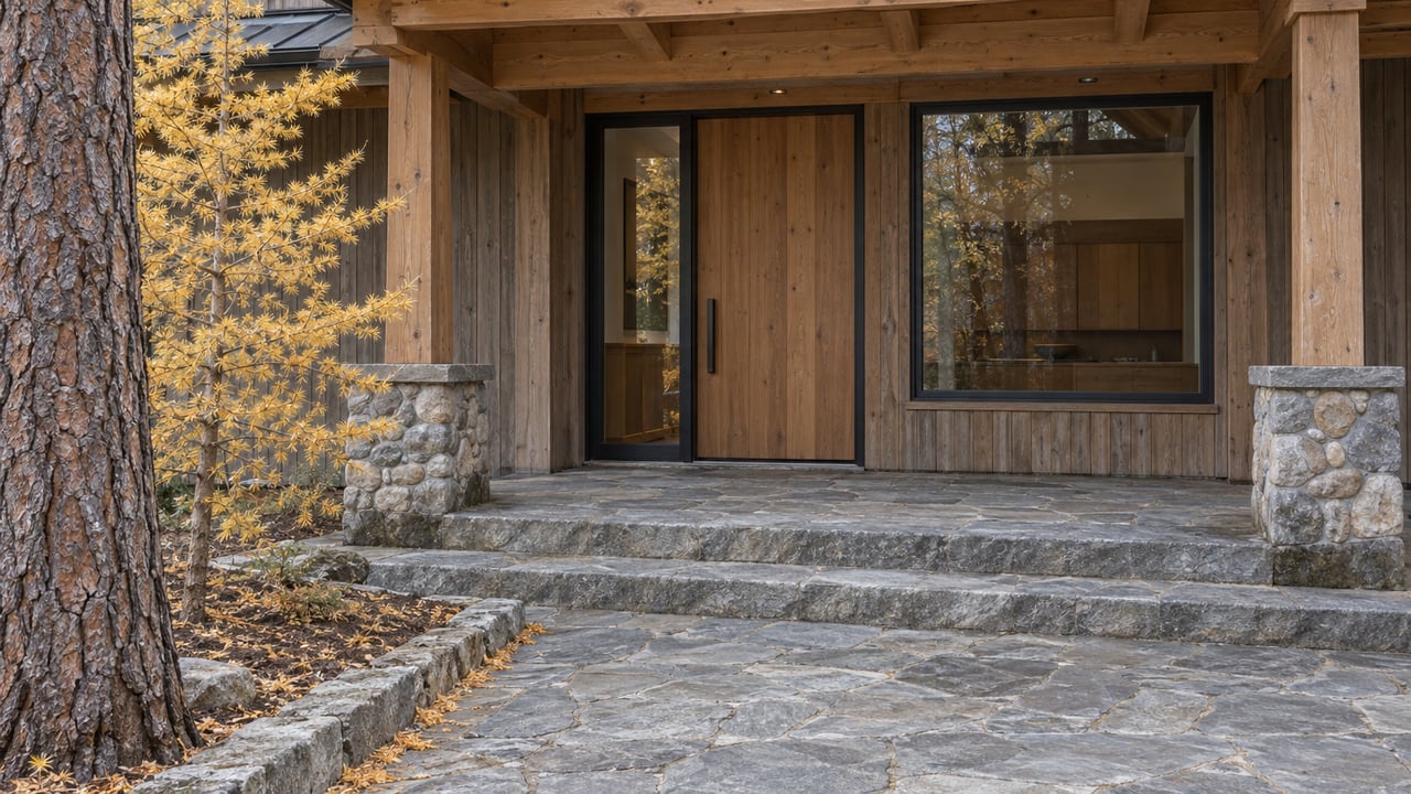 Cedar and river-rock home entrance with broad stone steps, dark-framed glazing and golden larch needles along a terrace curb.