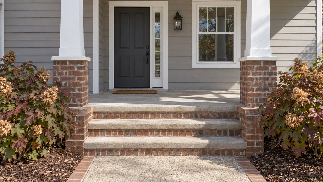 Covered suburban home entry with pale-gray siding, white porch posts, brick stair risers and autumn oakleaf hydrangeas.
