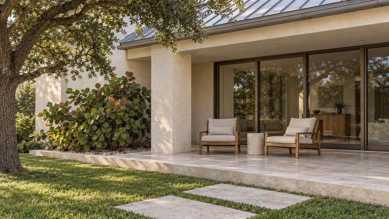 Ivory stucco home with a covered limestone terrace, bronze-framed glass doors and a mature oak beside a lawn approach.