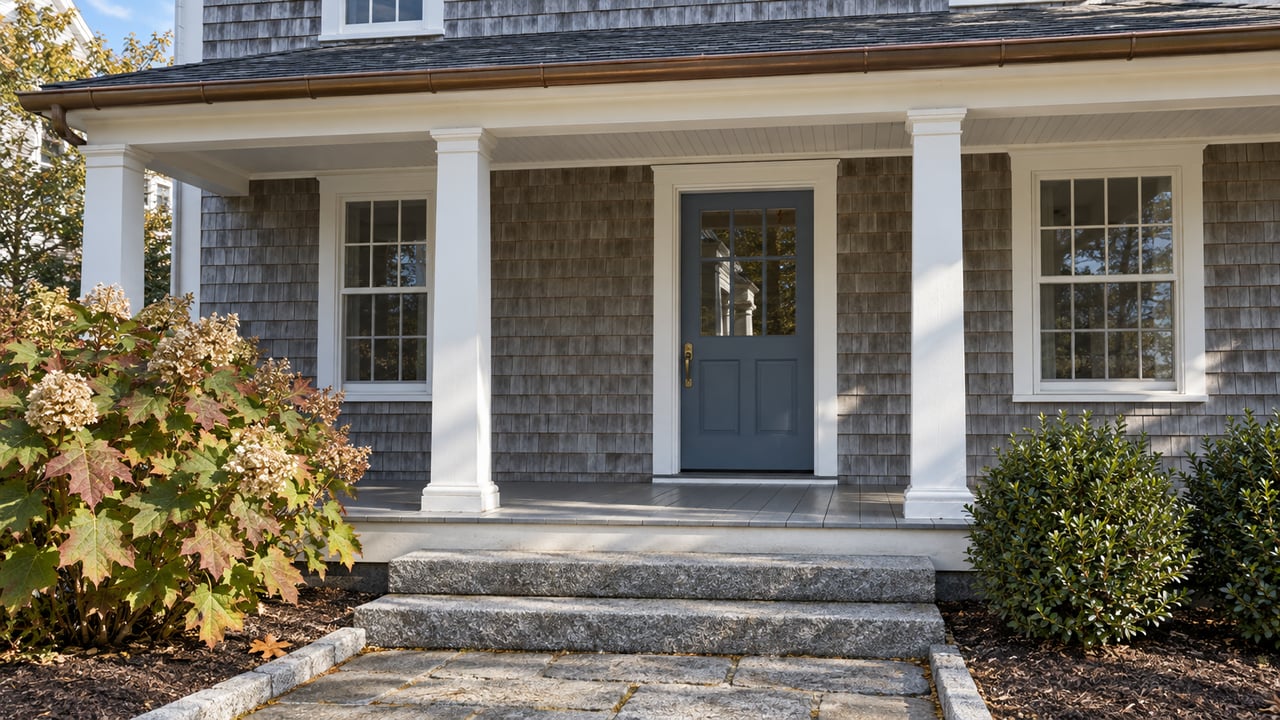 Weathered cedar-shingle home with a white-columned porch, blue front door, granite steps and early-autumn oakleaf hydrangea.