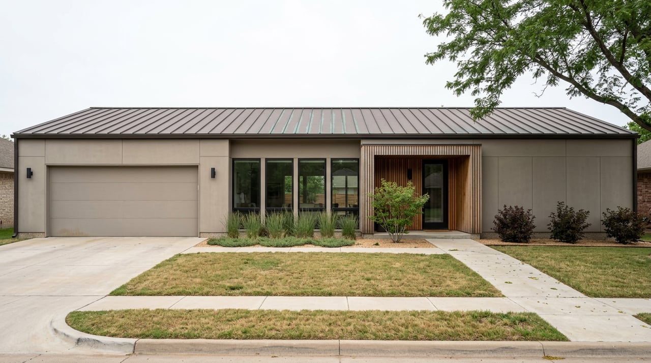 Contemporary greige home with black-framed windows, cedar entry slats, two-car garage, and xeric landscaping.